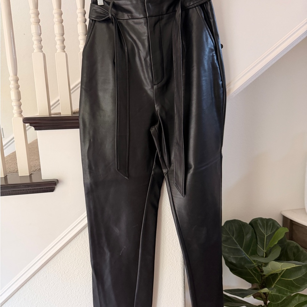 MORE TO COME Black Faux Leather Pants with Self Tie